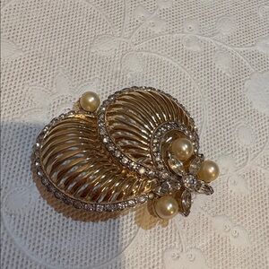 Jomaz Joseph Mazer Vintage Gold and Pearl Rhinestone Brooch